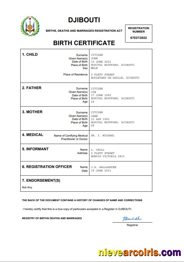 Djibouti birth certificate